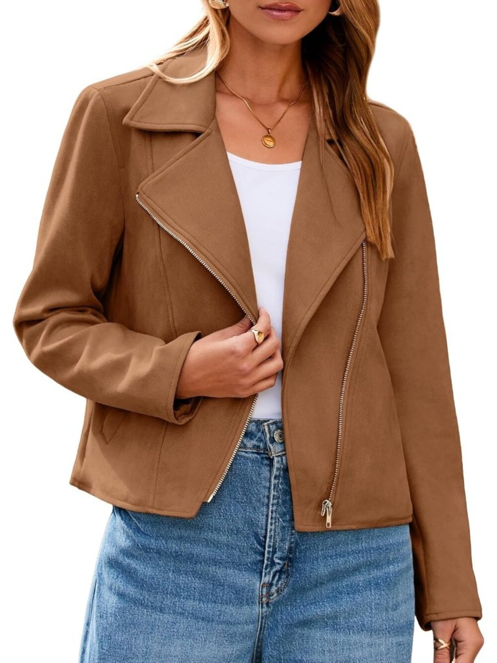 Women's Camel Long Sleeve Faux Suede Cropped Zipper Outfits Jackets